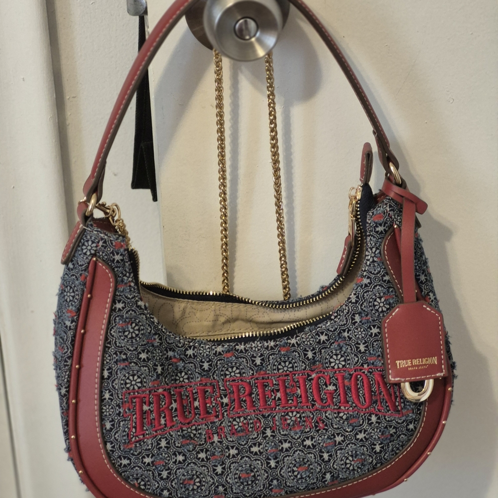 True Religion Women's Red and Blue Embroidered Bag